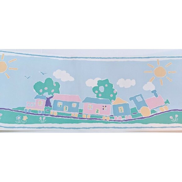 Lot of 5 Nursery Wallpaper Borders – Train & Numbers Pastel – 5 Yards Each NOS - Picture 1 of 6